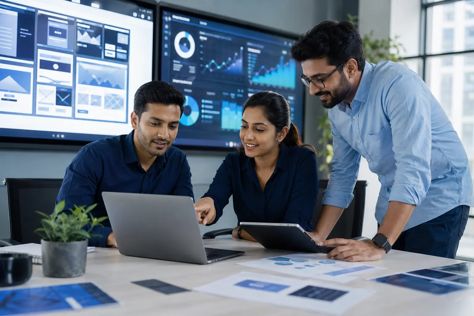Digital specialists reviewing responsive design and campaign performance