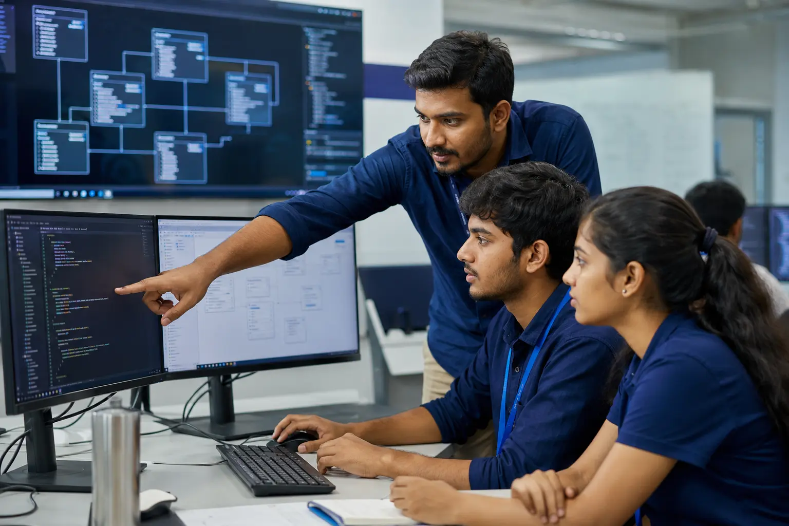 Technology mentor guiding Indian interns through a practical backend development project