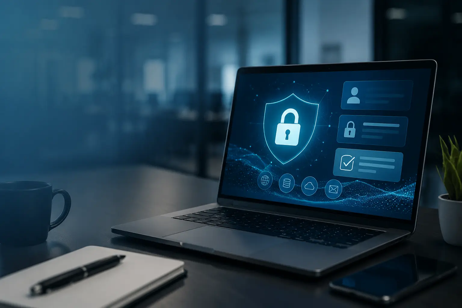 Cybersecurity and data privacy controls shown on a professional workstation