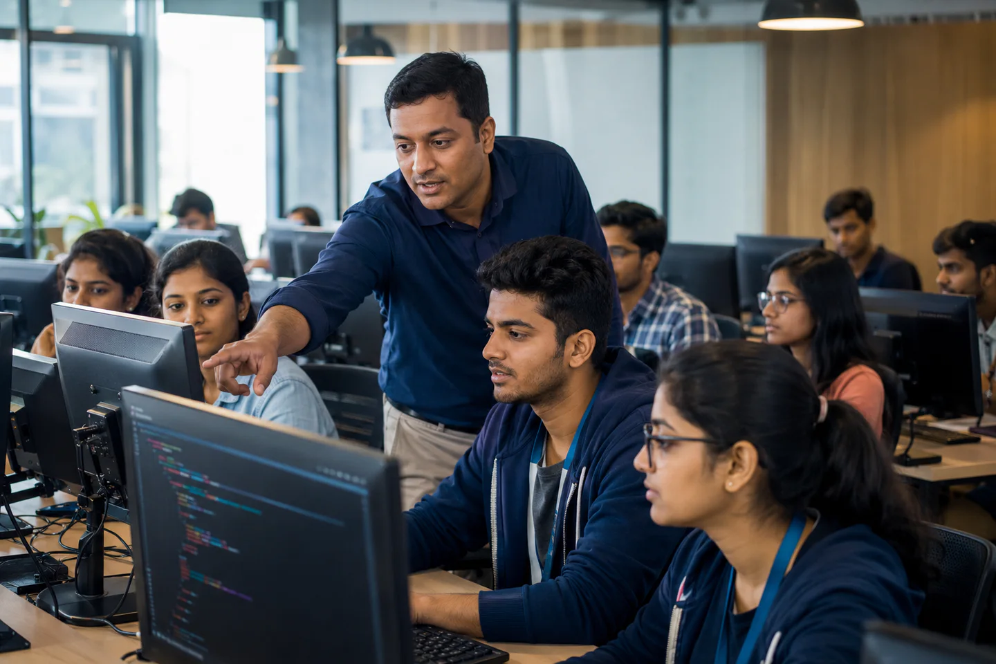 Students receiving practical programming training in a modern computer lab