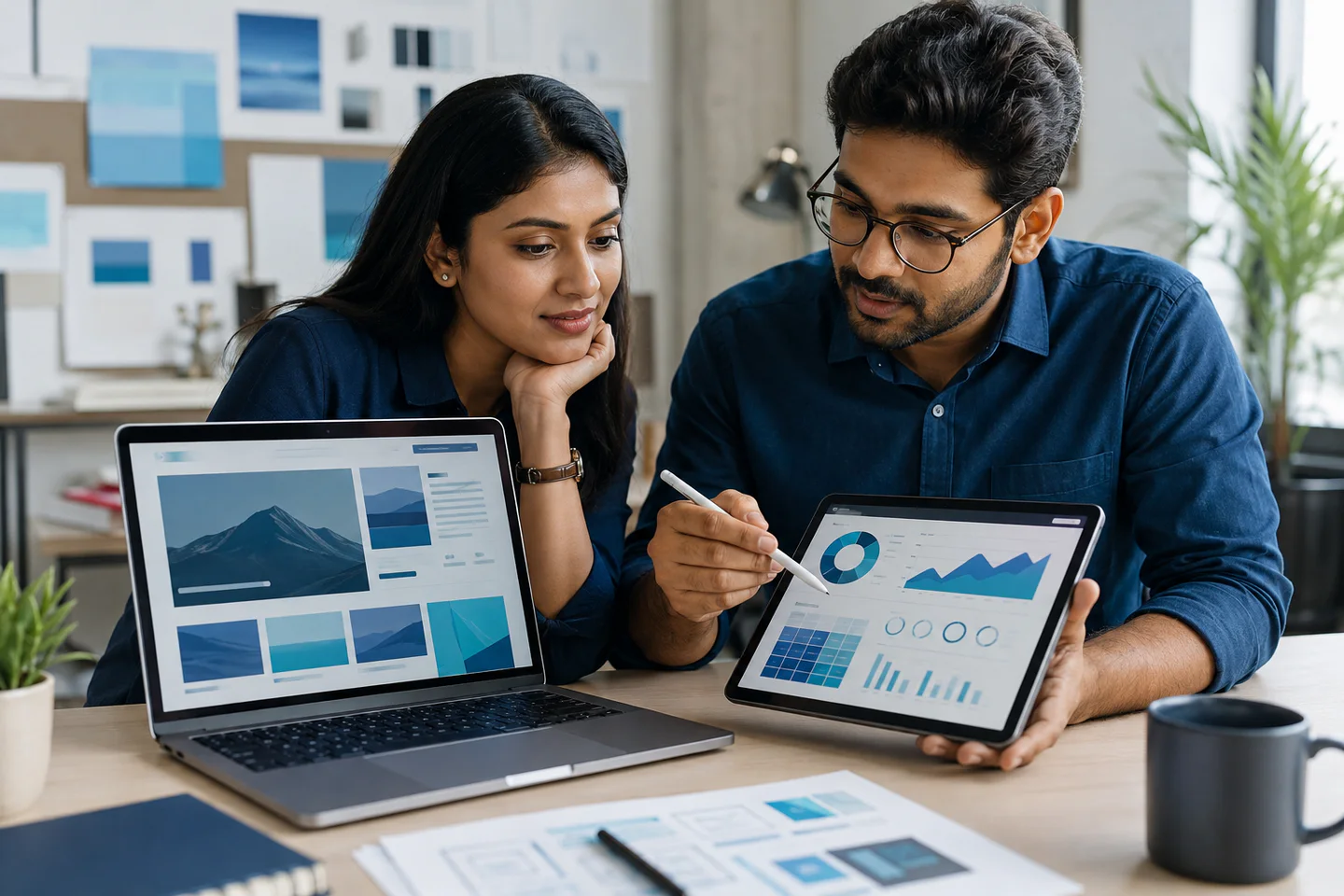 Digital specialists reviewing responsive design and campaign performance
